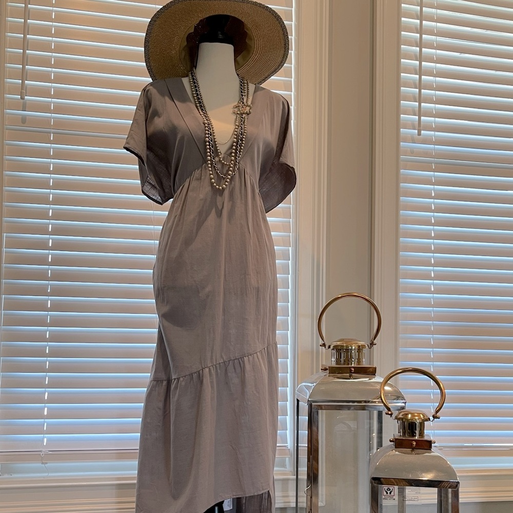 Beautiful flowing Midi V-neck asymmetrical Gray dress